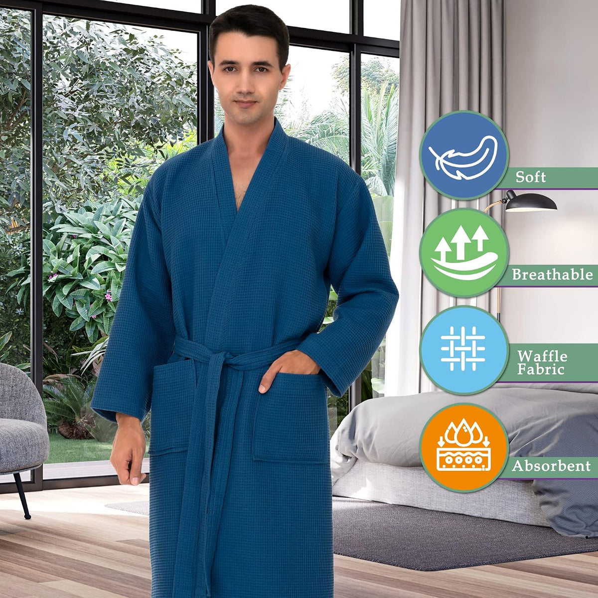 TowelSelections Mens Waffle Robe Spa Kimono Bathrobe Lightweight Shower Bath Robe for Men XS to 2X