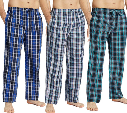 JupiterSecret Mens Pajama Pants Set Cotton Lightweight Plaid Sleep & Lounge 3-Pack PJ Bottoms with Pockets and Button Fly