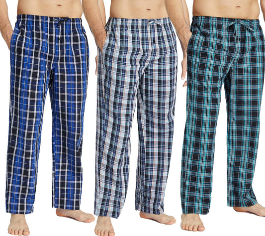 JupiterSecret Mens Pajama Pants Set Cotton Lightweight Plaid Sleep & Lounge 3-Pack PJ Bottoms with Pockets and Button Fly