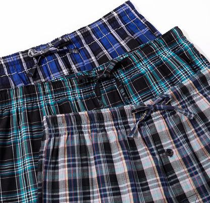 JupiterSecret Mens Pajama Pants Set Cotton Lightweight Plaid Sleep & Lounge 3-Pack PJ Bottoms with Pockets and Button Fly