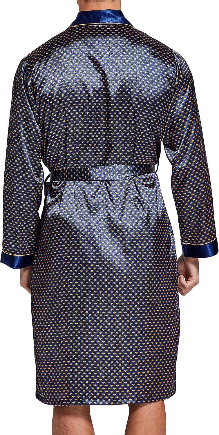 Mens Satin Robe Silk Long Sleeve Bathrobe with Shorts Set Kimono Sleepwear