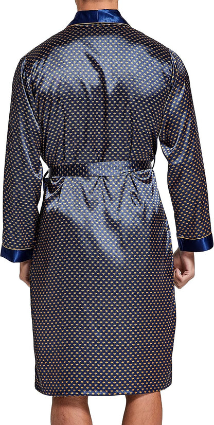 Mens Satin Robe Silk Long Sleeve Bathrobe with Shorts Set Kimono Sleepwear