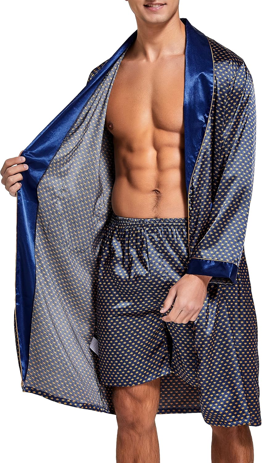 Mens Satin Robe Silk Long Sleeve Bathrobe with Shorts Set Kimono Sleepwear