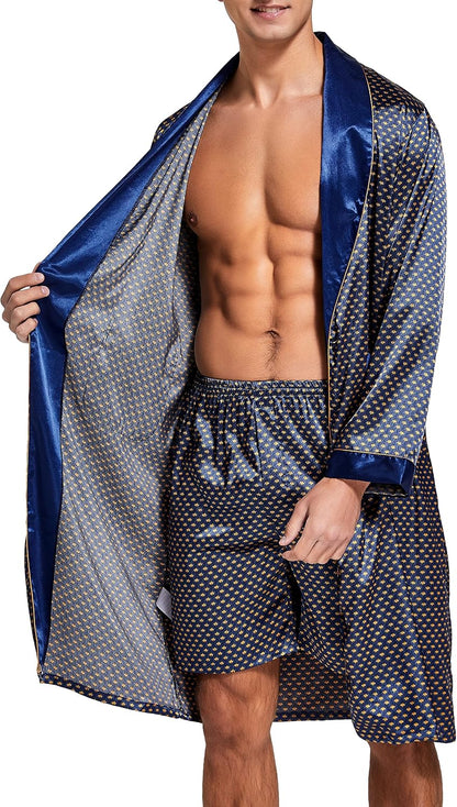 Mens Satin Robe Silk Long Sleeve Bathrobe with Shorts Set Kimono Sleepwear