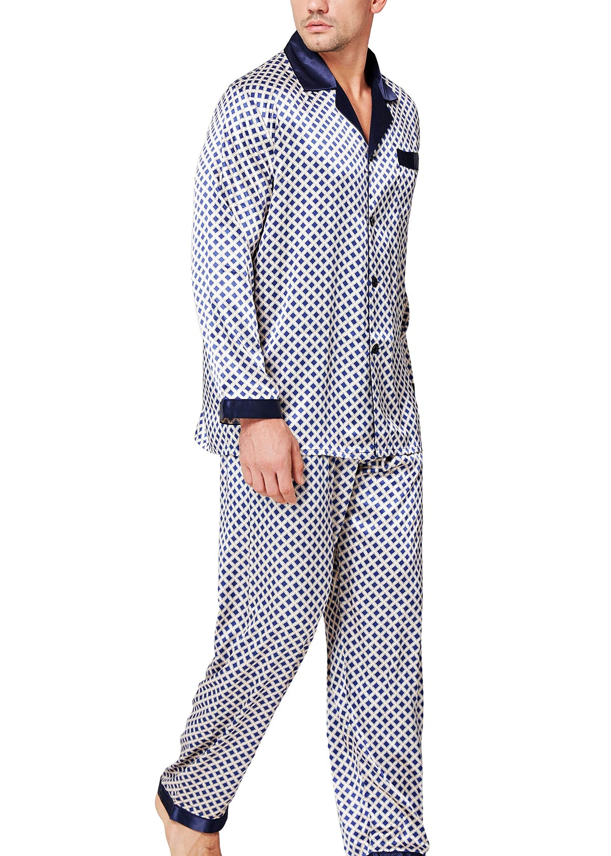 Lonxu Pajamas Set Mens Silk Satin Pajamas Long Sleeve Loungewear Two-Piece Sleepwear Button-Down Pj Set S-XXXXL