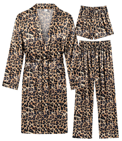 SWOMOG Mens 3 PCS Satin Robe with Pants & Shorts Set Kimono Bathrobe Long Sleeve Sleepwear Pjs Sets with Pockets