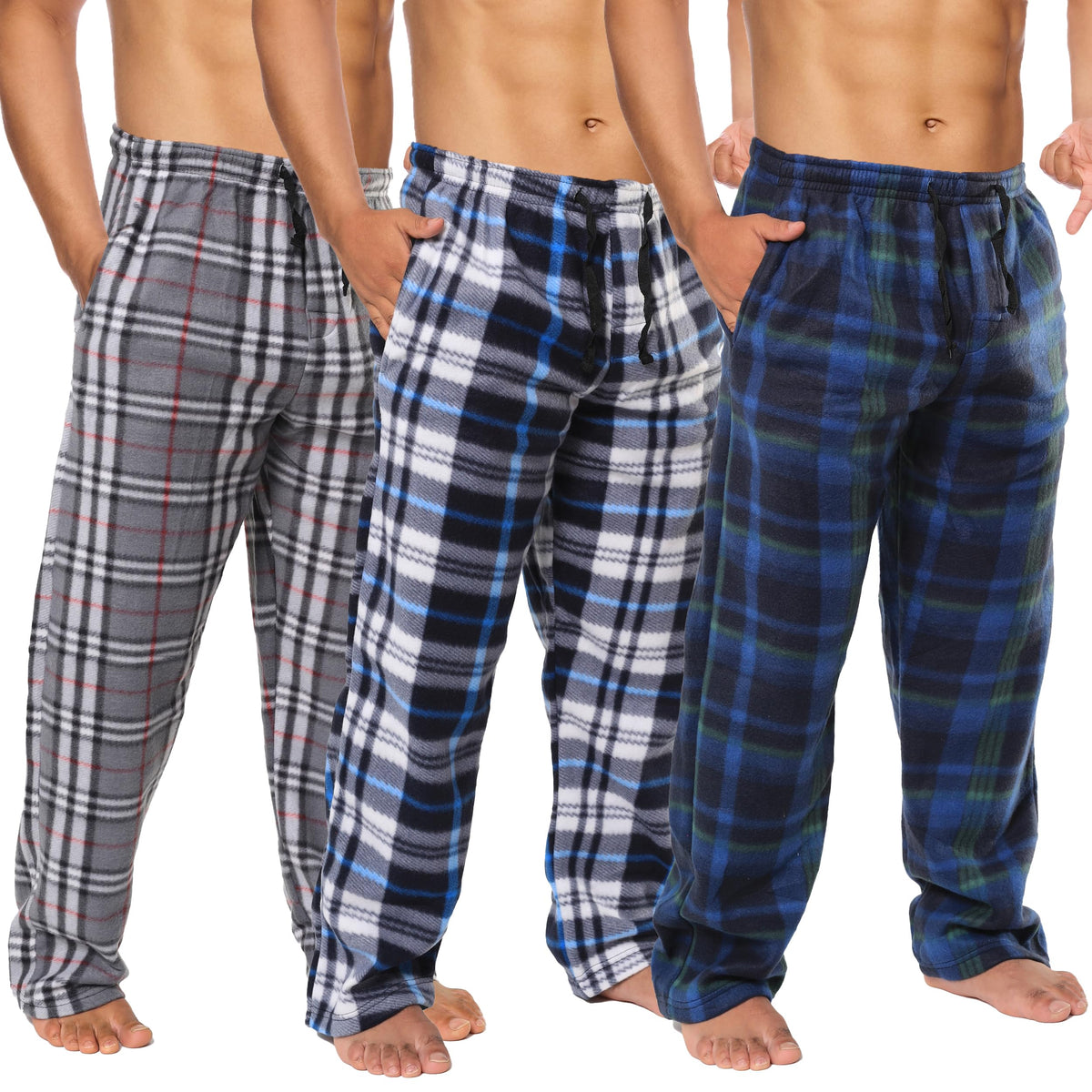 Active Club 3 Pack Mens Fleece Pajama Pants - Plaid Lounge (S- 3X)