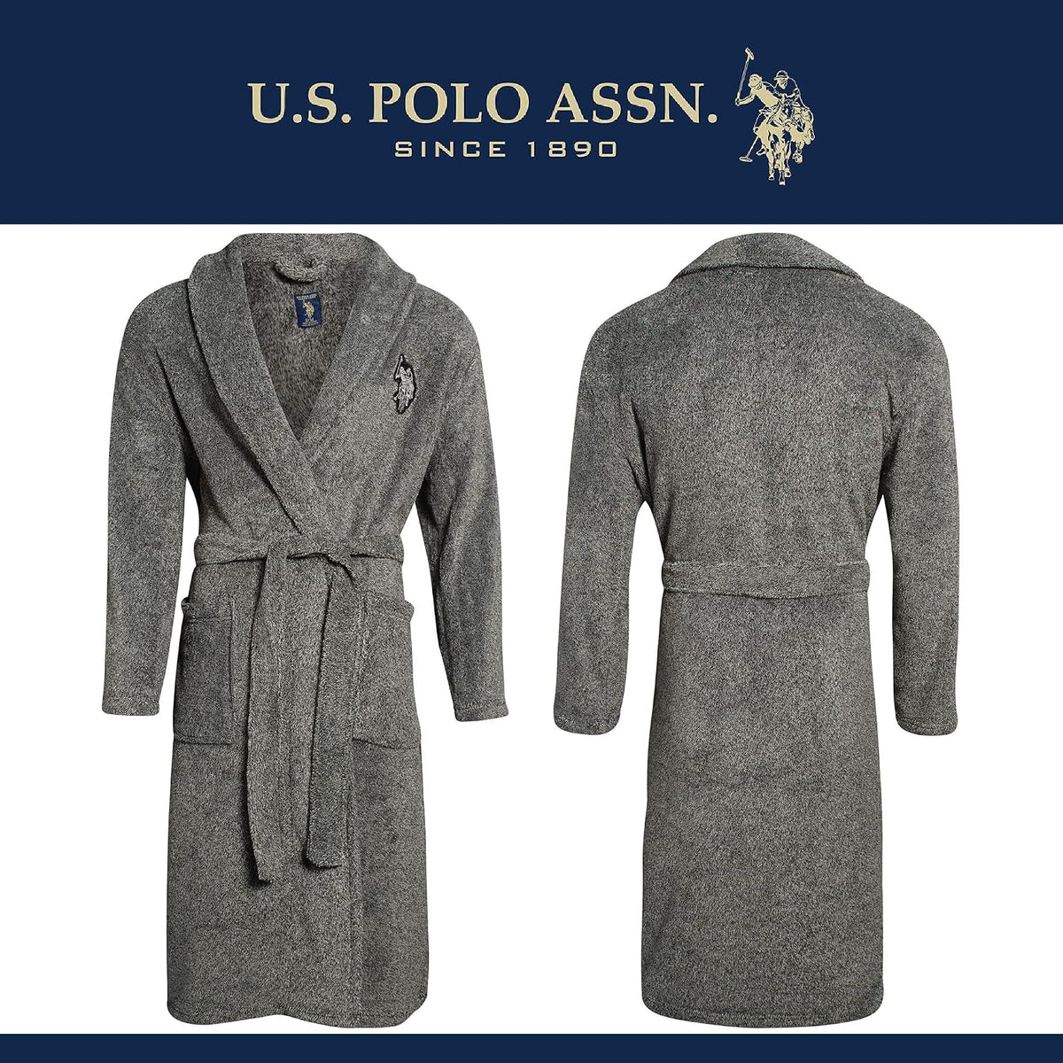 U.S. POLO ASSN. Mens Plush Fleece Bath Robe Shawl Collar with Pockets