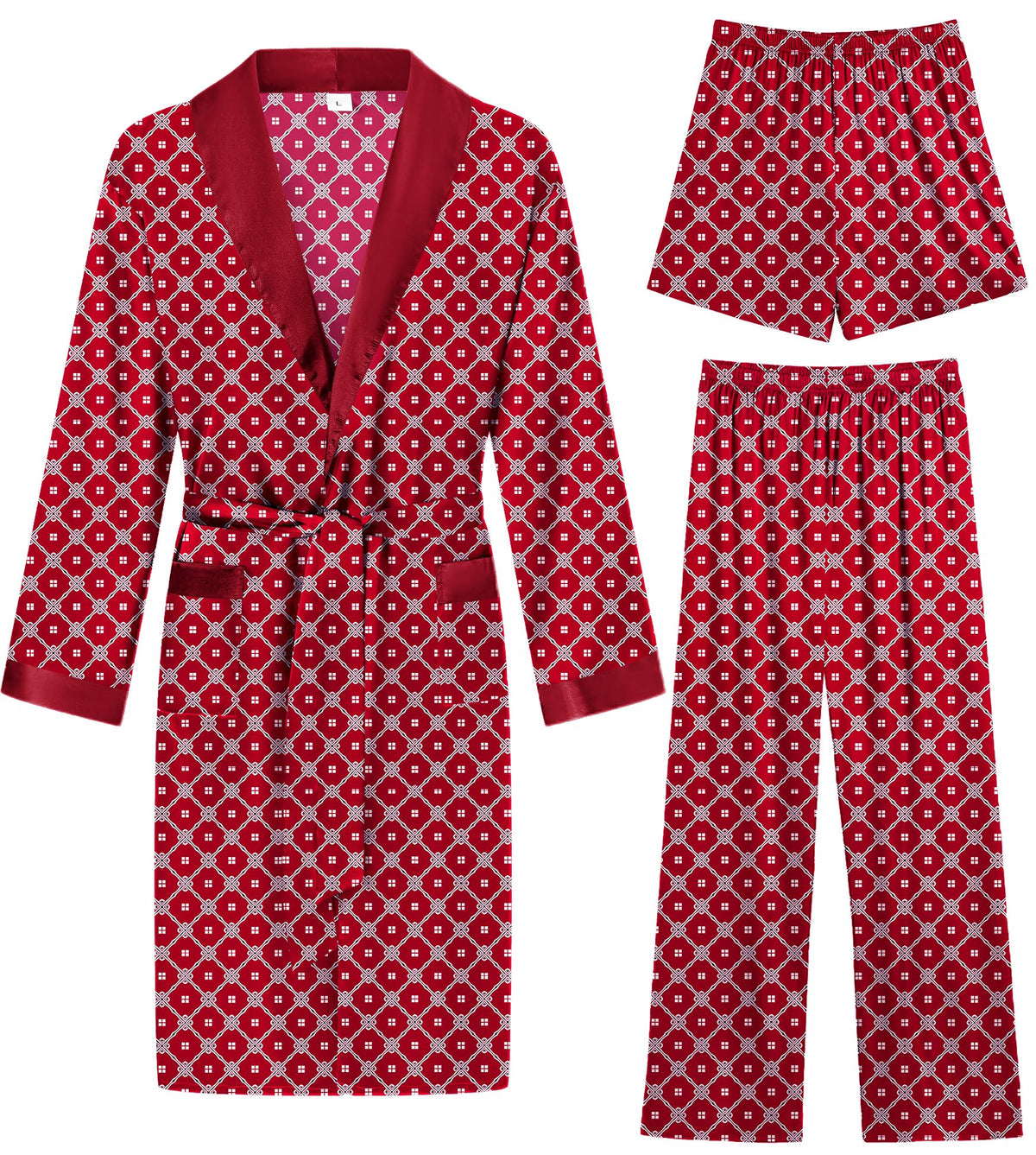 SWOMOG Men's 3 Pcs Robe Silk Satin Kimono Bathrobe with Shorts&Pants Set Lightweight Soft Sleepwear