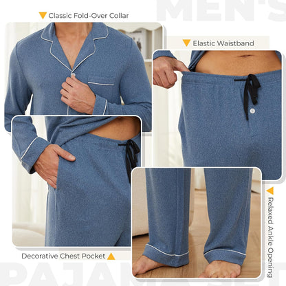 U2SKIIN Mens Pajama Set, Soft Stretch Long Sleeve Sleepwear with Pockets
