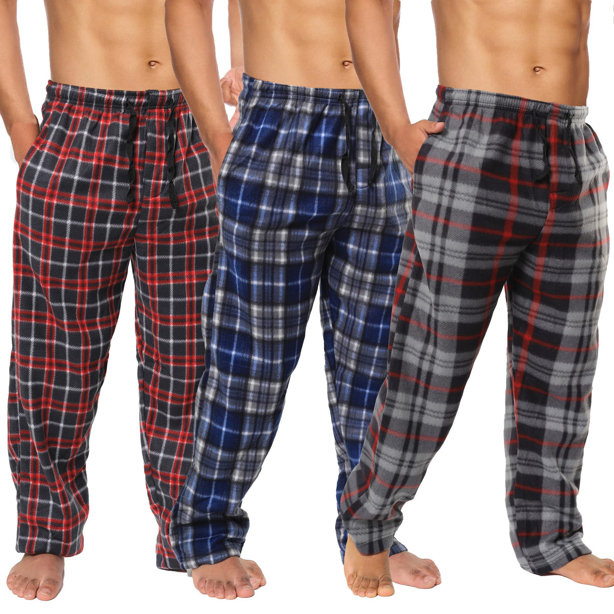 Active Club 3 Pack Mens Fleece Pajama Pants - Plaid Lounge (S- 3X)