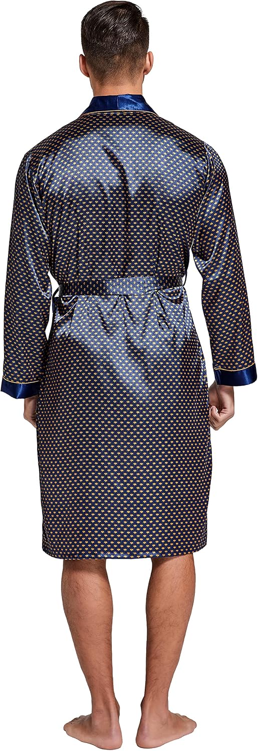 Mens Satin Robe Long Sleeve Silk Kimono Bathrobe with Shorts Set Sleepwear