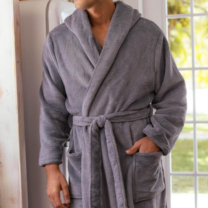 Men's Plush Fleece Hooded Robe with Pockets, Long Bathrobe