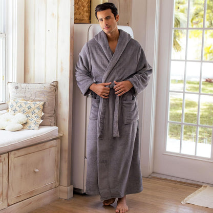 Men's Plush Fleece Hooded Robe with Pockets, Long Bathrobe